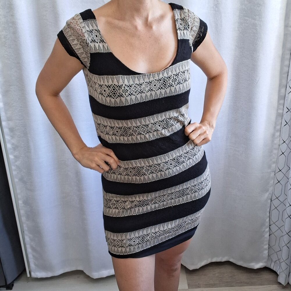29. Dilemma Black & Tan Lacy Horizontal Stripe Bodycon Short Sleeve Mini Dress
